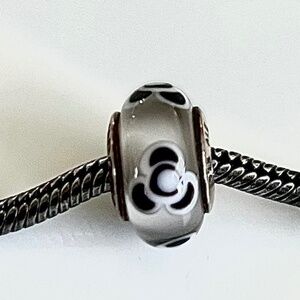 Authentic Pandora Sterling Silver 925 ALE White Black Flower Murano Glass Charm